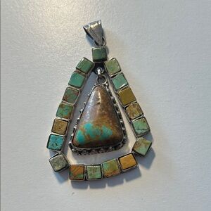 Silver turquoise pendant, 3 1/4”, center stone dangles